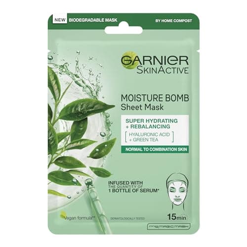 Image of Garnier Moisture Bomb Green Tea and Hyaluronic Acid Sheet Mask, Hydrating & Rebalancing Face Mask, For Sensitive Skin, Cruelty Free & Vegan Tissue Mask, 28g
