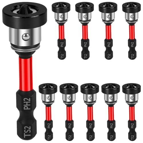 Image of 10 Pack Magnetic Drywall Screw Setter Bits, 50mm S2 Steel Screwdriver Bits with 1/4" Hex Shank, Removable Magnetic Ring for Controlled Screw Depth, Compatible with Electric Drill and Driver (Red)
