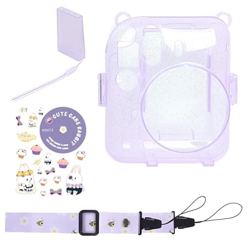 Image of Sagreeny Protective Camera Case Compatible with Fujifilm Instax Mini 12, Custom Fit Instant Accessories with Photo Frames and Stickers, Clear Glitter PC Bag with Adjustable Shoulder Strap (Purple)