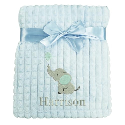 Image of Personalised Baby Blanket Embroidered Elephant & Name Soft Fleece Wrap (Blue Elephant Blue Squares)