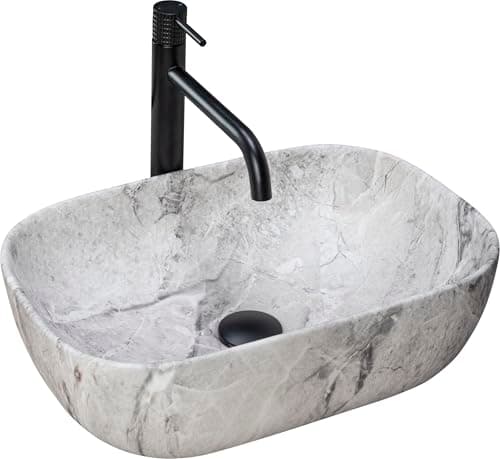 Image of Rea Washbasin Countertop Ceramic Hand Wash Basin Attachment Washbasin Rectangular Stone Marble 33 x 46 cm Grey