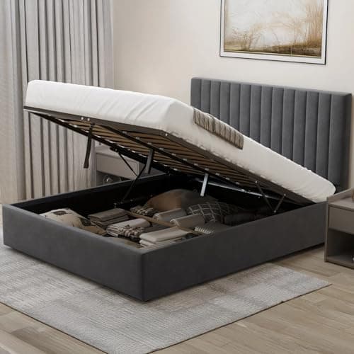 Image of Ottoman Storage Bed, Velvet Double Bed Frame, Upholstered Gas Lift Up Bed Frame with Storage, Ottoman Bed with Wooden Slats, (4ft6 Dark Grey Double 135 x 190, No Mattress)