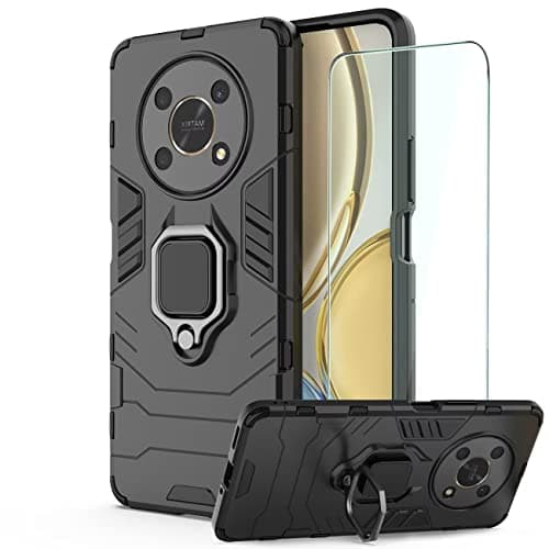 Image of DERHAN Case for honor Magic 4 Lite 5G, Cover with Tempered Glass, Shockproof Armour Phone Case with 360° Rotating Stand - Black