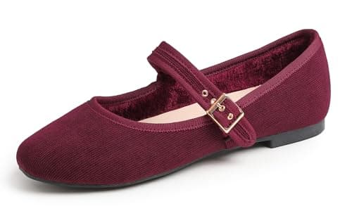 Image of Feversole Women's Soft Cushion Extra Padded Comfort Round Toe Mary Jane Metal Buckle Fashion Ballet Flats Walking Shoes Burgundy Corduroy Short Plush Lining UK Size 7