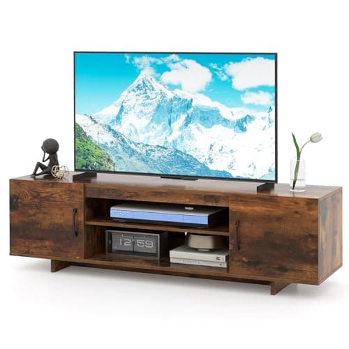 Image of COSTWAY TV Stand Cabinet for 70 Inch TVs, 152cm TV Unit Media Entertainment Center with Charging Station, Storage Shelves and 2 Doors, Wooden Media Console Table for Living Room Bedroom (Rustic Brown)