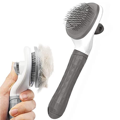 Image of Dog/Cat Brush Grooming Comb,Self Cleaning Slicker Brushes with Smooth handle,Pet Grooming Tool with Cleaning Button for Cat Dog Shedding Tools Massage Clean Tangled Brush(Grey)