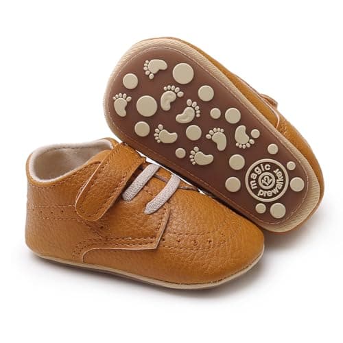 Image of RVROVIC Baby Boys Girls Sneakers Anti-Slip Oxford Loafer Flats Infant Toddler PU Leather Soft Sole Baby Shoes(12-18 Months,6-Yellow Brown)