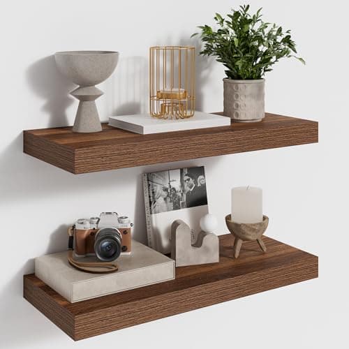 Image of Feihorrm Floating Shelves, Wall Shelf Set of 2, 16.5cm Deep Wall Shelf, 40cm Walnut Shelves, MDF Wooden Shelving for Bathroom, Bedroom, Living Room and Kitchen, Walnut, 40 x 16.5 x 3.1 cm