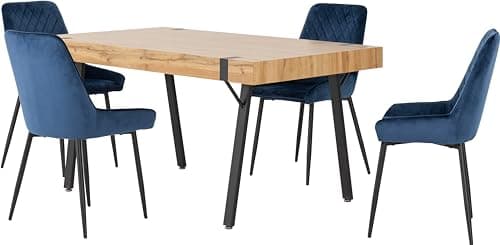 Image of Seconique Treviso Dining Table Set with 4 Avery Dining Chairs in Light Oak Effect/Sapphire Blue Velvet