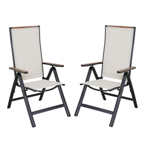 Image of Grand patio folding chair, Aluminium garden chairs set of 2 with Armrest & Mesh breathable Seat, Adjustable 6 Position High Backrest, foldable dining chair for Outdoor, Garden, Dining room (White)