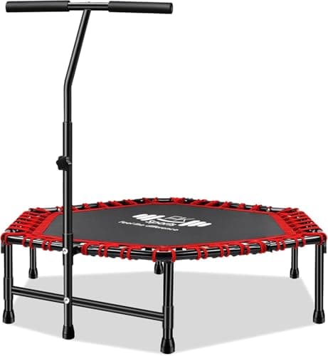 Image of FK Sports Foldable Fitness Mini Trampoline Rebounder, 48" and 40" Foldable Mini Trampolines with T or U Bar Handle, Round Mini Fitness indoor Trampoline (40 Inch Black & Red)