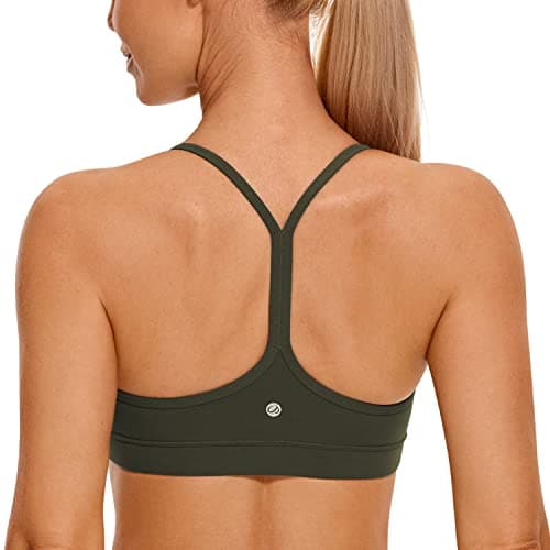 Image of CRZ YOGA Women's Butterluxe Padded Sports Bra - Low Impact Y Back Strappy Bra Racerback Spaghetti Straps Gym Yoga Bras Olive Green M