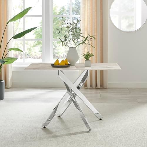 Image of Furniturebox UK Dining Table - Leonardo 4 Seat Dining Table - Glass White Marble Effect Table Shiny Chrome Silver Legs -Nested Starburst Design - Modern Contemporary Dining Room Home Kitchen