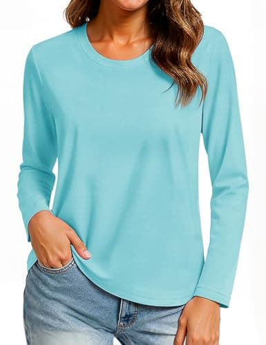 Image of TACVASEN Cotton Shirts for Women UK Going Out T Shirts for Women UK Lightweight Ladies Cotton Tops, Light Lake Blue, L