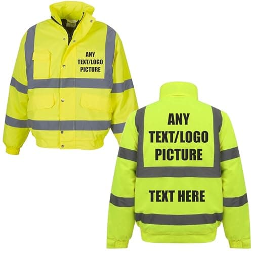 Image of Custom Printed Yoko Premium Yellow Hi Vis Safety Bomber Jacket, Reflective High Viz Waterproof Coat Ideal For Security Or Events, By Brookhivis (UK, Alpha, L, Regular, Regular, Standard, Yellow)