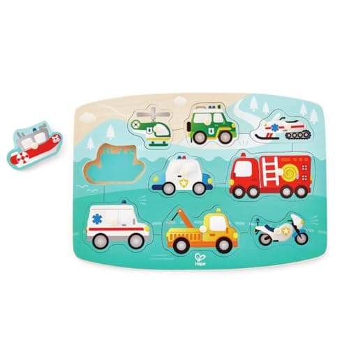 Image of Hape Emergency Peg Puzzle – Wooden Emergency Vehicle Puzzle with Peg Pieces for Kids, 24M