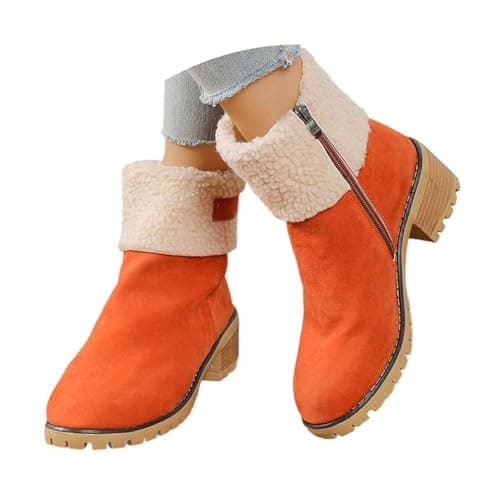 Image of Generisch Womens Mid Calf Warm Winter Faux Suede Retro Chunky Heel Side Zipper Casual Outfits Comfortable Ankle Boots, orange, 8 UK