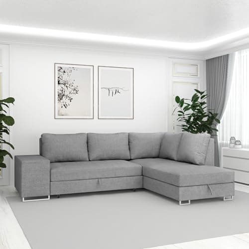 Image of DAKO® Right-Hand Corner Sofa Bed MARTHA – 3-Seater with Pull-Out Sleeping Function & Storage – Fabric L-Shaped Sofa – 2 Colour Options (Grey)