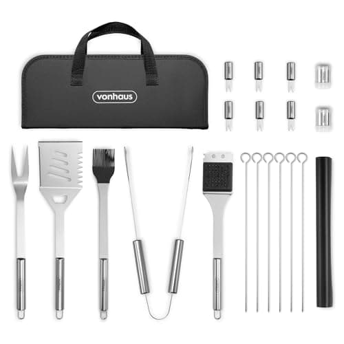 Image of VonHaus BBQ Tool Set with Case, 20Pcs BBQ Accessories Kit Including Spatula, Fork, Tongs, Corn Forks, Barbecue Grill Mat, Basting Brush & Cleaner, Heavy Duty Utensils for Outdoor Cooking