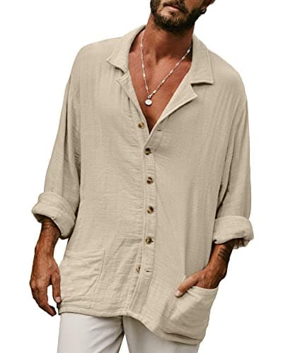 Image of YAOHUOLE Men's Linen Shirt Collection Stylish Long Sleeve Linen Shirts for Men Grandad Shirts Perfect Summer Beachwear Khaki XL