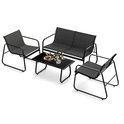 Image of COSTWAY 4-Piece Garden Furniture Set, Metal Frame Patio Conversation Set with Loveseat, 2 Chairs & Tempered Glass Table, Outdoor Table and Chairs Balcony Conservatory Seating (Black, Table-85x45x40cm)
