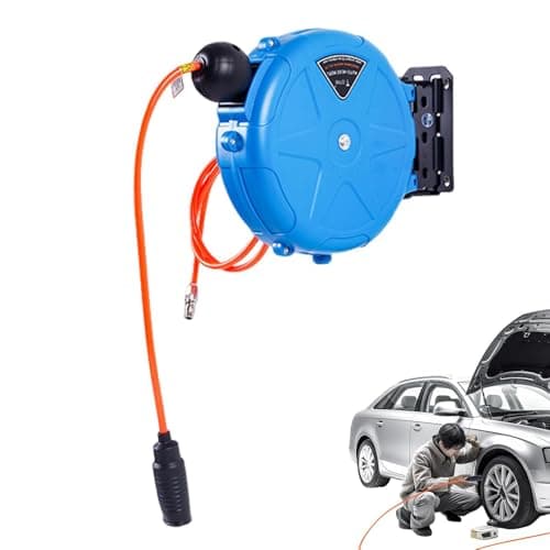 Image of Retractable Hose Reel - Thirty Two Feet, Heavy Duty Wall, Mounted Air Compressor, Auto Retracting System, Workshop Garage Use, Automotive Repair Studio, Home Maintenance Tool improving wohop effici