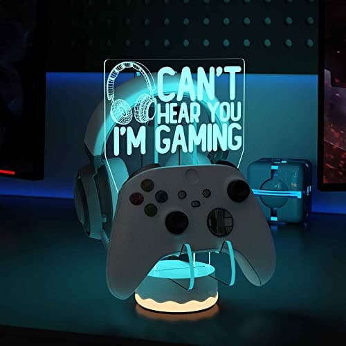 Image of Ammonite LED Gaming Headset & Controller Stand, 16 Colour RGB 3D Illusion Light Up Holder for Xbox, PS5, PS4, Nintendo Switch, PC, Universal Desk Organiser & Night Light