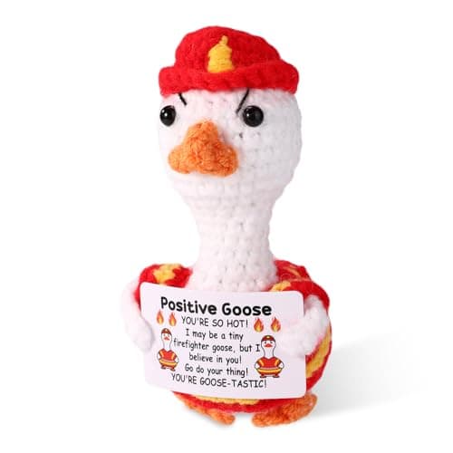 Image of TOYMIS Goose Crochet, Emotional Doll Support Knitted Animal Inspirational Plush Potato with Positive Messages Card for Office Home Decor Fun Firefighter Gift