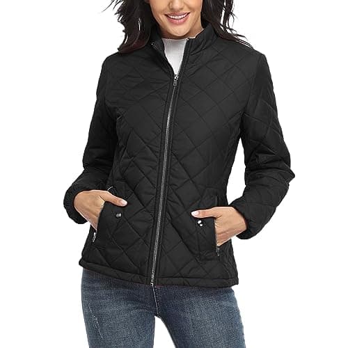 Image of QWUVEDS Cotton Coat - Long Sleeve Stand Collar Quilted Jacket - Women's Warm & Lightweight - Outdoor & Casual - No Hood, Black, M