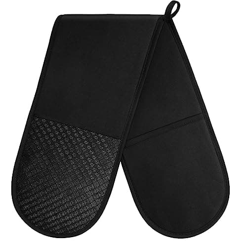 Image of AUAUY 1 PC Black Double Oven Gloves, 250°C/482°F Heat Resistant BBQ Oven Mittens with Ropes, Silicone Non-slip Design Gloves-Oven Mitts, Cooking Oven Glove Mitts for Cooking Baking Grilling