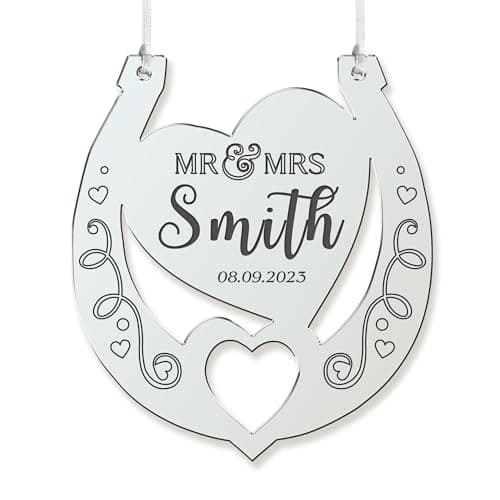 Image of Personalised Wedding Horseshoes Horse Shoe Wedding Gift for Bride Mirrored Acrylic Horseshoe Mr & Mrs Wedding Bridal Good Luck Horseshoe Gift Engagement New Couple Gift(Silver Design 2)