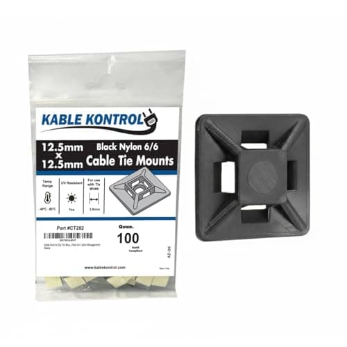 Image of Kable Kontrol Black Zip Tie Bases, 12.5 mm x 12.5 mm, Pack of 100 Cable Tie Adhesive Mounts Self Adhesive Mounts Multi-Purpose Zip Ties Bases, Cable Holder Sticky Pads - Black