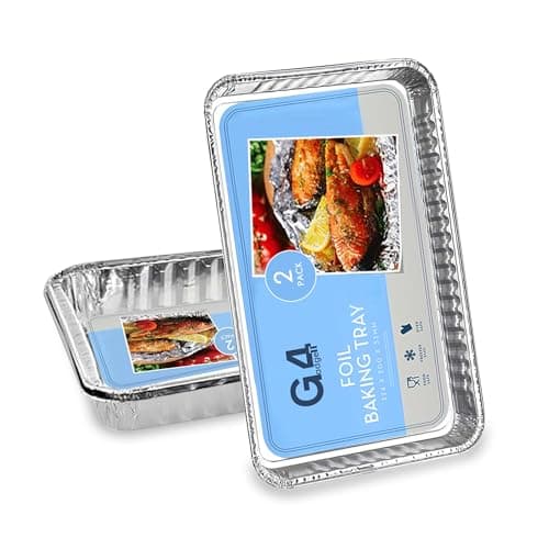 Image of G4GADGET Pack of 2 Large Aluminium Foil Trays 32x20x3.2cm - Ideal for BBQ, Cooking, Baking, Roasting, & Food Storage, Silver
