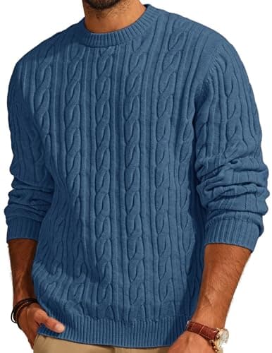 Image of PJ PAUL JONES Mens Jumper Crewneck Knit Classic Long Sleeved Sweaters Soft Slim Fit Winter Pullover Casual Solid Color Cable Sweater, Gray-Blue, L
