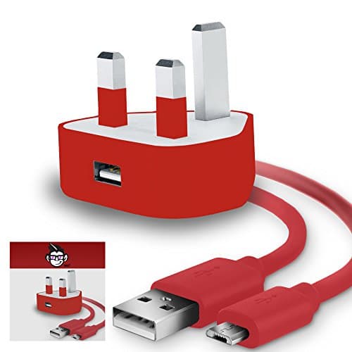 Image of IWIO 3 Pin UK USB Mains Charger Adapter 1000 mAh / 1 AMPwith USB 2.0 Micro USB Sync and Charge Cable 1 Meter compatible with Vodafone Smart First 7 - RED