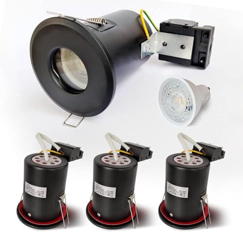 Image of 4XSweier Black IP65 Waterproof Ceiling Recessed LED Spotlight, 90min Fire Rated 5W 6000K Cool White LED Recessed Downlight, Cutout 75mm. Black (Non-Dimmable)