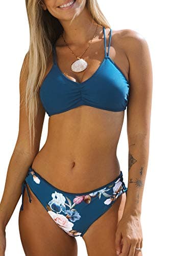 Image of CUPSHE Women's Bikini Set Back Braided Straps Lace Up Bikini Reversible Bottom Two Piece Swimwear Bathing Suits Navy Blue M
