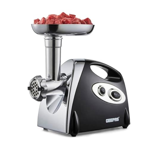 Image of Geepas Electric Meat Grinder 1800W – Stainless Steel Meat Mincer & Sausage Stuffer, Food Grinding Mincing Machine with Kibbe – 3 Different Cutting Plates, Reverse Function, Plastic Housing (Black)