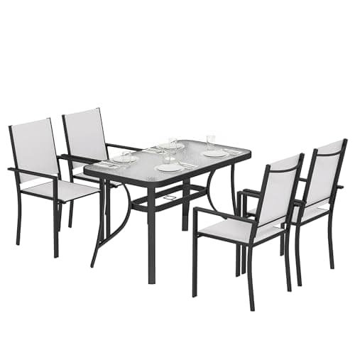 Image of Outsunny 5 Piece Garden Dining Set, Garden Table and Chairs Set with Stackable Chairs, Glass-Top Table, Umbrella Hole, Metal Outdoor Furniture with Texteline Seat for Patio Porch Terrace, Light Grey