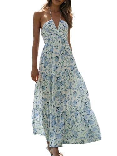 Image of LYSINK Women Floral Halter Neck Maxi Dress Summer Tie-Up Sleeveless Backless Long Dress Elegant Flowy Tiered Ruffle Sundress (A-a-Blue, M)