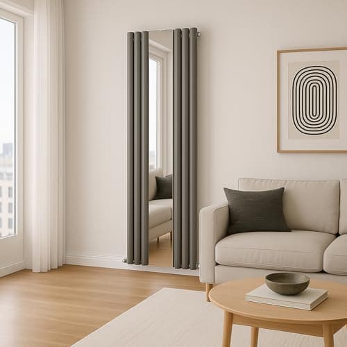 Image of Go Bathrooms Tall Grey Vertical Radiator With Mirror 1800mm x 500mm Double Panel Radiator Anthracite Grey Oval Columns Tall Full Length Mirror Design Living Room Bedroom Central Heating |Gala
