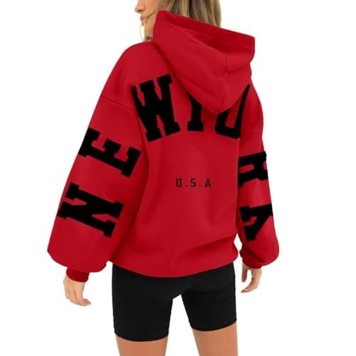Image of HUIFUAO New York Hoodies for Women Oversized Womens Sweatshirts Plus Size Womens Hoodies Pullover Long Sleeve Tops With Pocket (A02-Red, L)