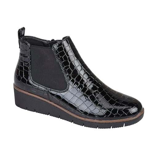 Image of Jo & Joe Ladies Croc Patent Chelsea Wedge Ankle Boot With Side Gusset, Inside Zip For Ease Of Wear & Warm Fur Lining. Sizes 4-8 (Black, UK Footwear Size System, Adult, Women, Numeric, Medium, 5)