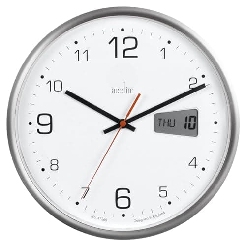 Image of Acctim Kalendar Wall Clock Non-Ticking Sweep LCD Digital Display Energy Efficient Silver 27cm