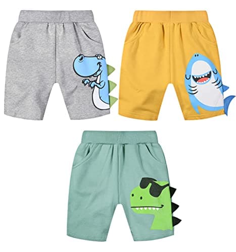 Image of LAUSONS Toddler Boys Shorts, Kids Summer Cotton Jogger 3 Pack Sets, Cartoon Elastic Waist Sports Bottom with Pockets Hippo Crocodile Dolphin 3-4 Years/Size 3T