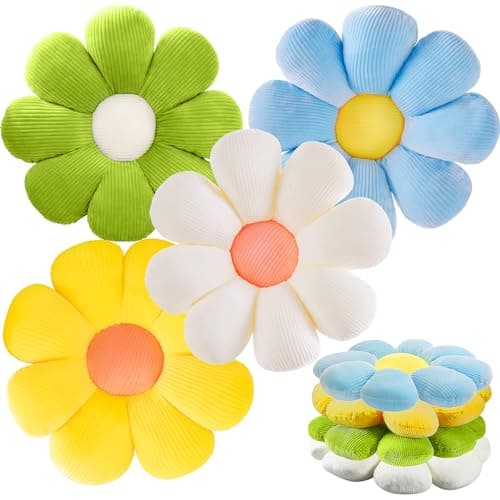 Image of BJPERFMS 4 Pcs Flower Floor Cushion Pillow, Cute Seat Cushion Bed Floor Pillows, Flower Shaped Throw Pillow decorative for Car Home Sofa Chair and Floor (Blue+White+Yellow+Green)