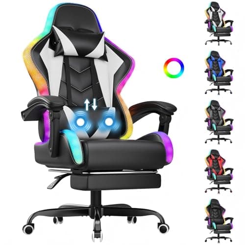 Image of TRIUMPHKEY Gaming-Style RGB LED Light Gaming Chair, 366 Light Effect Modes, PU Stain-Resistant Fabric, Synchronized Armrests, USB Massage Lumbar Pillow, Ergo Reclinable Office & Gaming Chair (White)