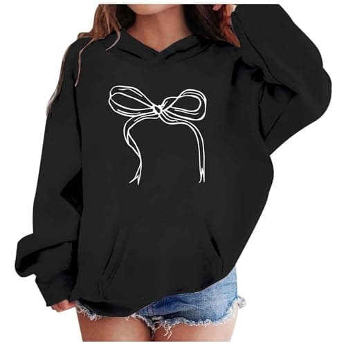 Image of Kids Girls Hoodie Long Sleeve T Shirt Sweatshirt Warm School Jumper Teen Girls Bow Knot Print Fleece Hooded Pullover Top Casual Activewear with Pockets Fall Winter Clothes Age (Black, 8-10 Years)