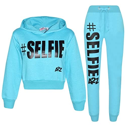 Image of A2Z 4 Kids Girls Tracksuit Hoodie Sweatshirt Top Bottoms Comfortable - T.S Crop Selfie Aqua 13