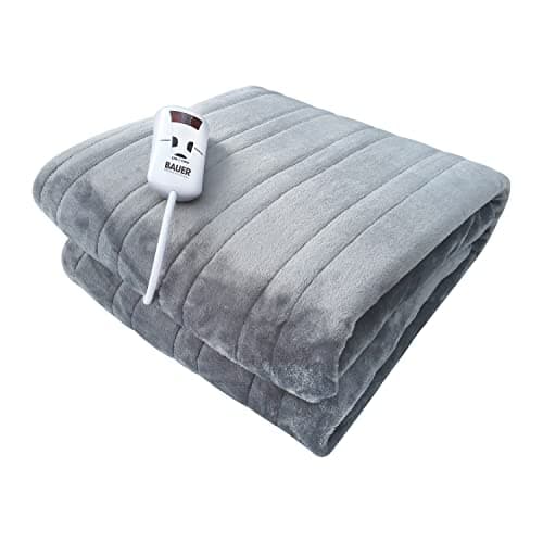 Image of Bauer Professional Electric Heated Throw Blanket, Soft Fleece (120 x 160cm), 10 Heat Settings, 1–9h Timer, Auto Shut-Off, Detachable Controller, Machine Washable, Grey
